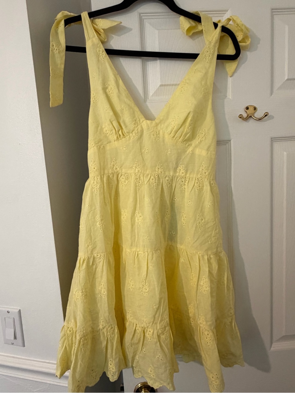 Angel Biba Butter Yellow Eyelet Tie-Shoulder Mini Dress